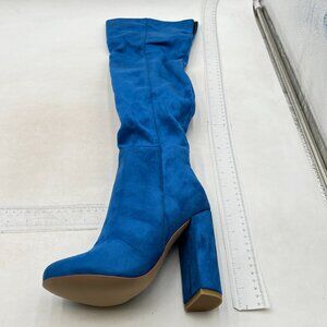 Women's Black Chunky Thigh High Over The Knee High Heel Boots Suede Boots Blue